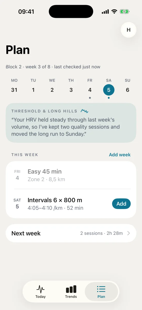 The Plan screen: block 2, week 3 of 8; the week as a strip of seven days with today as a filled disc and a dot under each day that has a session; the coach's block note in quotes; this week's sessions as a list with an Add button; next week as one row.