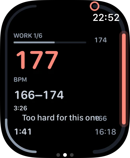 The same rep running too hard: the heart rate in the over colour, the marker past the top of the arc with a chevron pointing back down, and the coach's own hint written on the face.